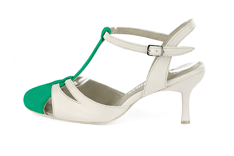 Women's emerald green and off white elegant T-strap closed-toe heels. Round toe. High slim heel - Profile view